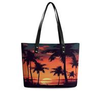 Palm Tree Summer Sunset Tote Bag Large Soft Leather Purse with Zipper Lightweight Ladies Shoulder Handbag