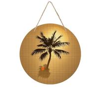 Palm Tree Sun And Grid Welcome Sign for Front Door 7.9 Wooden Flower Door Hanger, Rustic Round Large Wood Plaque Wall Hanging Decor for Front Porch Outdoor Farmhouse Home Decorations