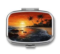Palm Tree Sun Landscape Pill Organizer 2 Compartments Small Pill Box for Pocket Purse Portable Travel Pill Case Metal Medicine Organizer Daily Pill Container for Vitamin Fish Oil Supplement