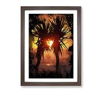 Palm Tree Sunset Beach Modern Cb Framed Print | A3 Walnut Framed Wall Art | Ready to Hang | Modern Floral Picture | Living Room Bedroom Lounge Office
