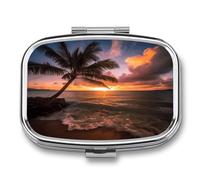 Palm Tree Sunset Beach Pill Case Portable Medicine Organizer Compact Travel Pill Box Small Metal Medicine Box for Purse Pocket Pill Container Holder 2 Compartments Medication Holder