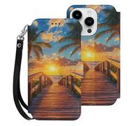 Palm Tree Sunset Beach Printed Wallet Phone Case Slim Cute Cellphone Protective Cover Hanging Rope Unisex Compatible with iPhone 15/15 Plus/15 Pro/15 Pro Max