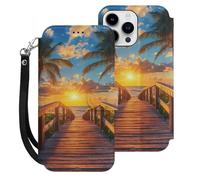 Palm Tree Sunset Beach Printed Wallet Phone Case Slim Cute Cellphone Protective Cover Hanging Rope Unisex Compatible with iPhone 15/15 Plus/15 Pro/15 Pro Max