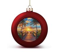 Palm Tree Sunset Beach Shiny Christmas Ball Ornaments for Xmas Tree Hanging Balls Holiday Party Decoration 2PCS