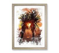 Palm Tree Sunset Beach V3 Modern Framed Print | A4 Oak Framed Wall Art | Ready to Hang | Modern Floral Picture | Living Room Bedroom Lounge Office