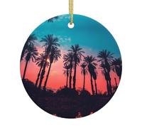 Palm Tree Sunset Double-Sided Printed Christmas Ceramic Round Ornament With Gold Hanging Cord-Festive Holiday Decoration For Home,Store