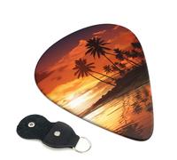 Palm Tree Sunset Guitar Picks 6 Pcs, 0.71mm Thickness Celluloid Plectrum with Leather Picks Holder, Personalized Guitar Pick for Bass Electric Acoustic Guitars Lovers Gift