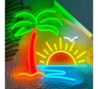 Palm Tree Sunset Neon Sign, Tropical Beach Ocean Seagull LED Neon Light, Colorful Island Sunrise Wave Wall Art Decor, USB Dimmable Neon Sign for Tiki Bar Beach House Bedroom Pool Party Holiday Decor
