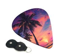 Palm Tree Sunset Printed Guitar Picks, 6 Pack with Leather Keychain Pick Holder - 0.46mm, 0.71mm, 0.96mm Assorted Thickness for Acoustic Ukulele, Electric Guitar, Acoustic Guitar, Bass