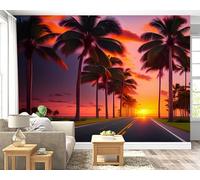Palm Tree Sunset Wall Mural, Self-Adhesive Peel & Stick Wallpaper, Road Jungle Design Photo Wallpaper for Living Room & Bedroom (100x70 cm), F-66