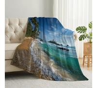 Palm Tree Waves Beach Lightweight Cozy Throw Blanket, Yellow Green Printed Soft Warm Flannel Throws, Nature Ocean Washable Fuzzy Blanket for Bedroom Living Rooms Chair Sofa Home Decor, 150 x 200 cm