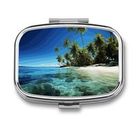 Palm Trees and Clear Sea Pill Box 2 Compartment - Small Metal Medicine Organizer Portable Pill Case for Purse Pocket Travel Vitamin Organizer for Men Women, BPA-Free