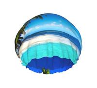 Palm Trees And Clear Sea Print Premium Double Layer Shower Cap For Women With Reusable Shower Cap For Hair - Waterproof Plastic Cap - Shower Caps For Long, Short And Curly Hairs
