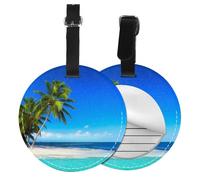Palm Trees and Clear Sea Print Round Luggage Tag 10 Cm, Pu Leather Suitcase Label, Luggage Tags for Cruise Ships Suitcase Tags Beach Malibu Print Privacy Cover Id Label