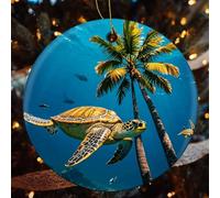 Palm Trees And Sea Turtles Diving Underwater Ceramic Christmas Ornaments - 4 Pcs Rustic Round Xma Tree Decor with Hanging String, Personalized Vintage Double-Sided Holiday Party Decorations for Xmas G