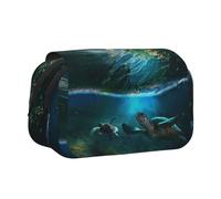 Palm Trees and Sea Turtles Diving Underwater Flip-Top Double-Layer Pencil Case,Large Capacity (Holds 50 Pens/Pencis),Full-Print Durable Polyester School Office Supplies