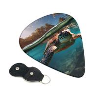 Palm Trees and Sea Turtles Diving Underwater Guitar Picks 6 Pcs, 0.96mm Thickness Celluloid Plectrum with Leather Picks Holder, Personalized Guitar Pick for Bass Electric Acoustic Guitars Lovers Gift