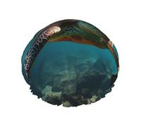 Palm Trees and Sea Turtles Diving Underwater Shower Cap for Women Reusable Waterproof Shower Bonnet Washable Elastic Band Bath Hair Hat Double Layered Bath Cap Extra Large for Long Hair