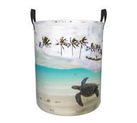 Palm Trees And Sea Turtles Round Single-Layer Laundry Hamper With Full Wrap Print, Water-Resistant Polyester Fabric For Home Car Storage