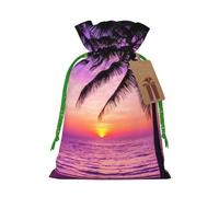 Palm Trees at Sunset Printed Christmas Drawstring Bags with Green Christmas Ribbon - Reusable Burlap Drawstring Gift Pouches, M