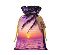 Palm Trees at Sunset Printed Christmas Drawstring Bags with Yellow Christmas Ribbon - Reusable Burlap Drawstring Gift Pouches, M