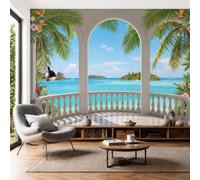 Palm Trees Azure Sea Terrace Wallpaper Wall Mural | Tropical Coastal Style 3D Effect Wall Decor Silk Poster Wallpaper Sky Blue Walls Covering for Living Room Bedroom TV Backdrop Mural 200x140cm