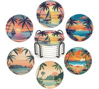 Palm Trees Beach Set of 6 Coasters Absorbent Ceramic Drink Mats with Cork Base & Metal Holder, Spill Protectors for Mugs/Cups, Cheerful Home/Bar Decor