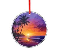 Palm-Trees Beach Sunset Christmas Hanging Ornaments Crystal Glass Round Pendant Gifts for Xmas Trees Home Offices