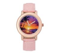 Palm-Trees Beach Sunset Women's Wrist Watches Leather Strap Watch Ladies Three-Hand Round Case Watches