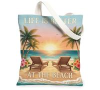 Palm Trees Canvas Tote Bag for Women, Summer Tropical Sunset Beach Chairs Summer Blue Washable Reusable Shopping Bag Ideas for Outdoor Travel Workday Reading 13x15 Inch