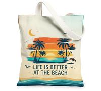Palm Trees Canvas Tote Bag for Women, Summer Tropical Sunset Ocean Waves Summer Orange Washable Reusable Shopping Bag Ideas, Orange, 13x15 Inch