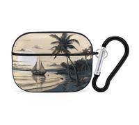 Palm Trees Fishing Boat Airpod Pro Case AirPods 2 Case for Women Hard Shell Protective Cover with Carabiner Keychain Compatible with AirPods Case 2nd 1st Generation, Front LED Visible Black