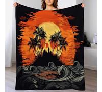 Palm Trees Island Flannel Throw Blanket, 270GSM Soft Warm Fleece Throws, Sunset Skeleton Blankets for Sofa Bed, Cozy Black Throw Blankets Home Decor, 140×180 cm (55.12×70.87 in)