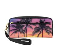 Palm Trees Silhouette at Sunset Print Leather Makeup Bag Wash Bag Travel Toiletry Bag Makeup Pouch PU Leather for Traveling Essentials, Bathroom, Cosmetics