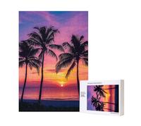 Palm Trees Silhouette at Sunset Printed Jigsaw Puzzle with Storage Box, Wooden Puzzle for Adults and Kids, 300 Pieces Family Fun Decorative Game, 28x40 CM