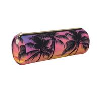 Palm Trees Silhouette at Sunset Printed Leather Pencil Case Cute Stationery Organizer Round Makeup Bag Pen Pouch, Gold Zipper