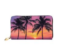 Palm Trees Silhouette At Sunset Printed Leather Wallet for Men Women, Long Clutch Handbag with 12 Card Holder and 3 Money Clip