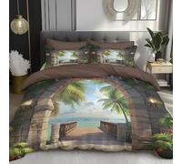 Palm Trees Stone Wall Duvet Cover Set 200x200cm Soft Lightweight 3Pcs Bedding Set with 2 Pillowcase Coastal Landscape Print All Season Microfibre Polyester Quilt Cover with Zipper Closure,Green Brown