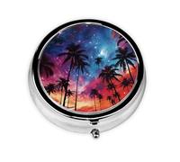 Palm Trees Under Starlight Pill Box Metal Round Small Pill Case Cute 3 Compartment Pill Organizer Portable Travel Pillbox Mini Pill Container Holder for Daily Medicine Supplement Vitamin