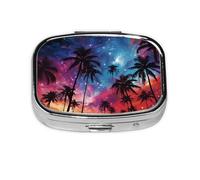 Palm Trees Under Starlight Print Pill Box Square Pill Case 2 Compartment Small Metal Medicine Organizer Portable Travel Pillbox for Pocket Purse Cute Mini Pill Container to Hold Daily Vitamins