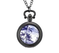 Palm Trees Vintage Pocket Watch with Chain Arabic Numerals Scale Quartz Pocket Watches Gifts for Men Women
