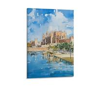 Palma De Mallorca Cathedral Coastal Palm Trees Sea Reflection Wall Art Paintings Canvas Prints Poster Artwork for Living Room Bedroom Bathroom Office Home Decor 12x18inch(30x45cm)