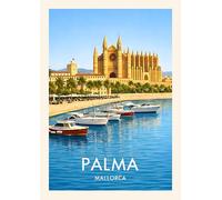 Palma Mallorca Travel Poster, Cathedral Marina Harbor View, Vintage Style Wall Art. Size A4