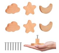 Palmcee Cabinet Drawer Knobs, 6 Pack Solid Wood Door Drawer Handles with Screws for Children's Room Cute Star Cloud Moon Drawer Knobs for Kids Room, Log Color Wooden Handles for Cabinets (A)
