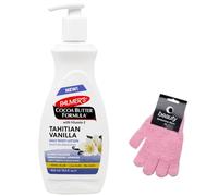 Palmer Cocoa Butter Formula 48-Hour Drenching Body Lotion Tahitian Vanilla - 400ml with Exfoliating Gloves - Deep Hydration, Shea Butter & Sweet Almond Oil, Soft Silky Skin, Comforting Moisture