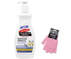 Palmer Cocoa Butter Formula 48-Hour Drenching Body Lotion Tahitian Vanilla - 400ml with Exfoliating Gloves - Deep Hydration, Shea Butter & Sweet Almond Oil, Soft Silky Skin, Comforting Moisture