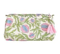 Palmetto Home Block Print Designer Toiletry Bag & Makeup Case,Boho Floral Quilted Pouch for Cosmetics, Skincare, Pink & Blue Pomegranate, Designer Artisan Hand Indian Block Print