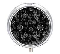 Palmistry Hand Bohemian Tribal Elements- Iron Pill Box Case Organizer with Internal Separate Plastic Dividers, Travel Small Medicine Bag Holder Carrier Round Container