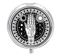 Palmistry Human Hand on Black Dark Iron Pill Box Case Organizer with Internal Separate Plastic Dividers, Travel Small Medicine Bag Holder Carrier Round Container