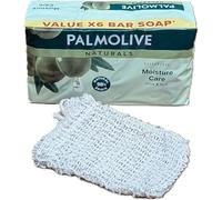 Palmolive Naturals Olive & Milk Soap Bar 6-Pack (90g Each) with 1 Natural Sisal Soap Saver Bag - Moisturising Bath & Shower Set